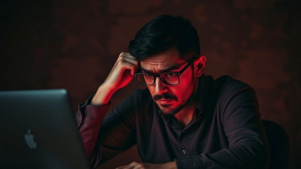 Frustrated man with glasses at a computer experiencing inattentional blindness.