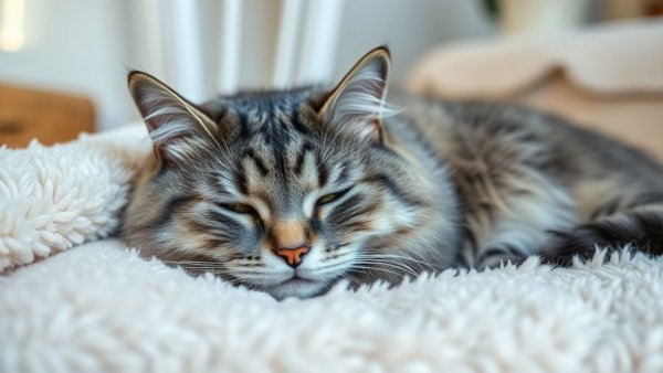 Gray tabby cat lying calmly on white blanket, FIP diagnosis in cats context.