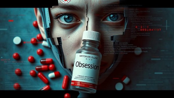 Abstract depiction of kratom risks with pills and fragmented face.