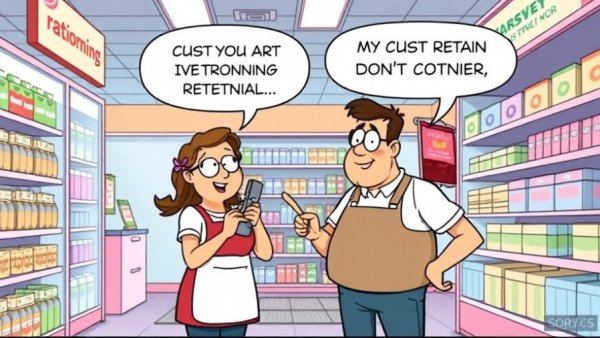 Humorous cartoon highlighting customer retention in retail.