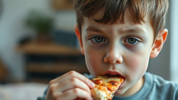 Boy eating pizza with focused expression, natural light.