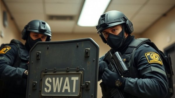 SWAT officers in law enforcement training exercise using shield