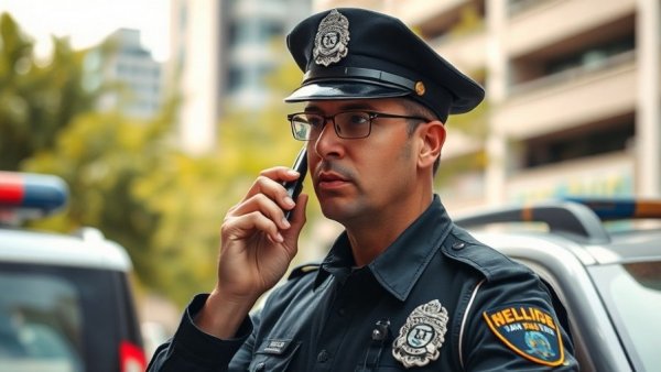 Digital Security in Law Enforcement: Officer using radio by a car.
