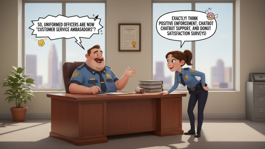 Cartoon of police officers discussing community safety strategies in an office.