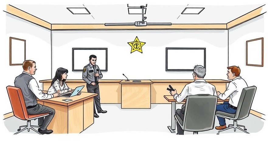 A professional meeting room with five individuals, including a uniformed officer leading a discussion. The room features a podium, wall-mounted screens, and a star emblem on the wall, suggesting a law enforcement briefing or training session.