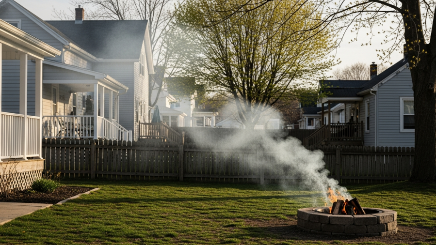 Cinematic photorealistic image of controlled outdoor burning in a small NY community.