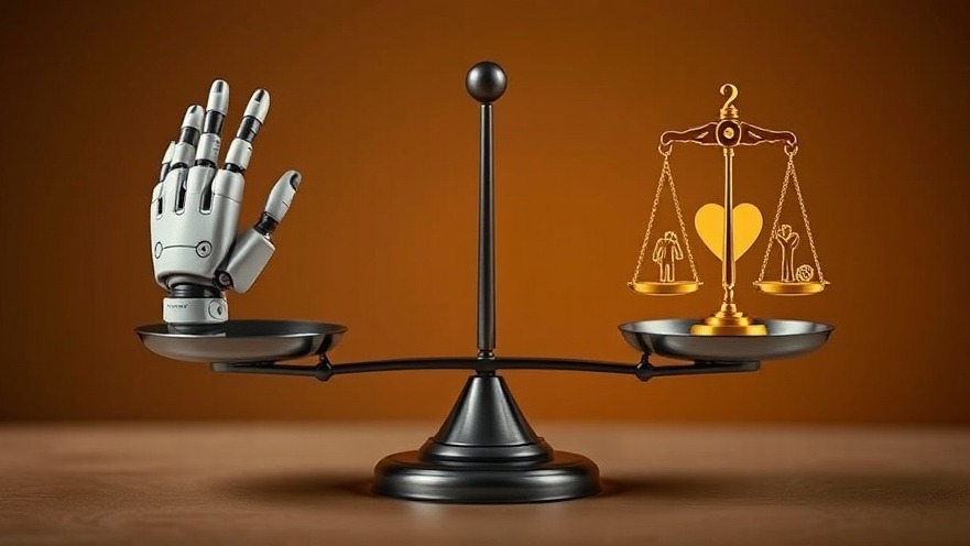 A symbolic representation of ethical dilemmas, featuring a balanced scale with AI technology (e.g., a robot hand) on one side and human ethics symbols (e.g., a heart or justice scales) on the other. 