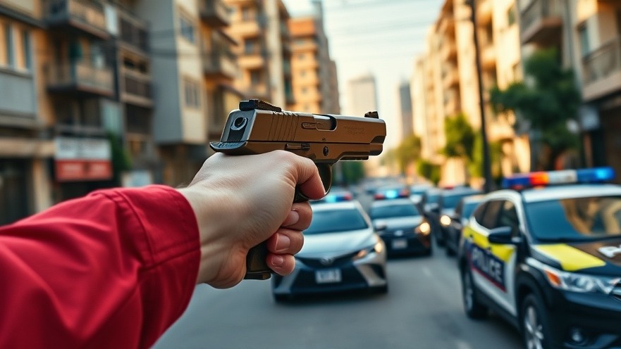 Photorealistic image of police officer aiming handgun in urban street, highlighting police use of force.