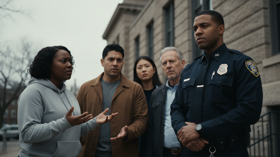 Police misconduct discussion with a serious officer and concerned community members.