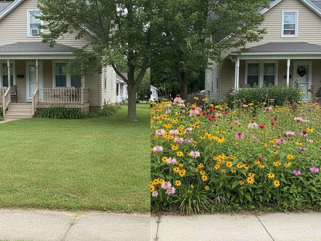 Side-by-side comparison of a traditional lawn and a vibrant native garden in upstate NY.