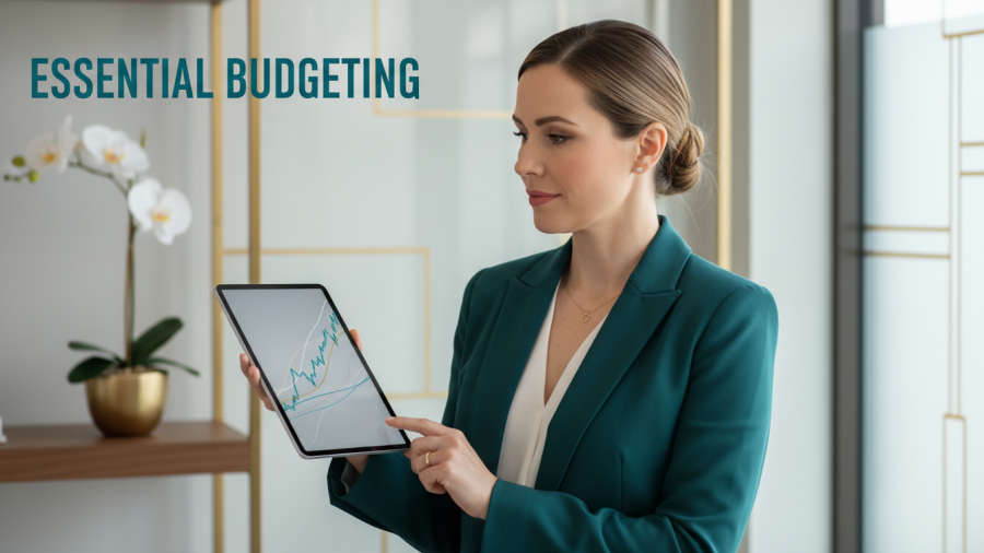 Confident med spa manager analyzing financial charts for Budget Planning in Aesthetic Businesses.