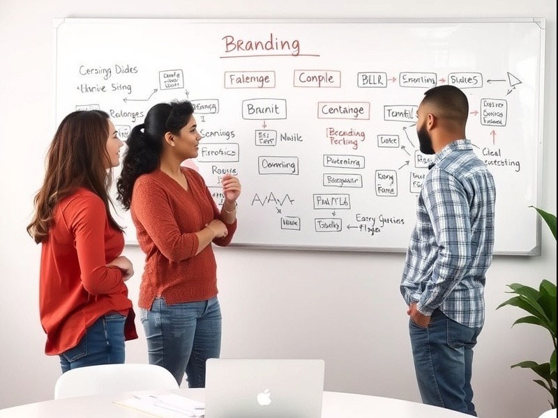 A team discussing branding strategies in front of a whiteboard with AI-generated ideas.