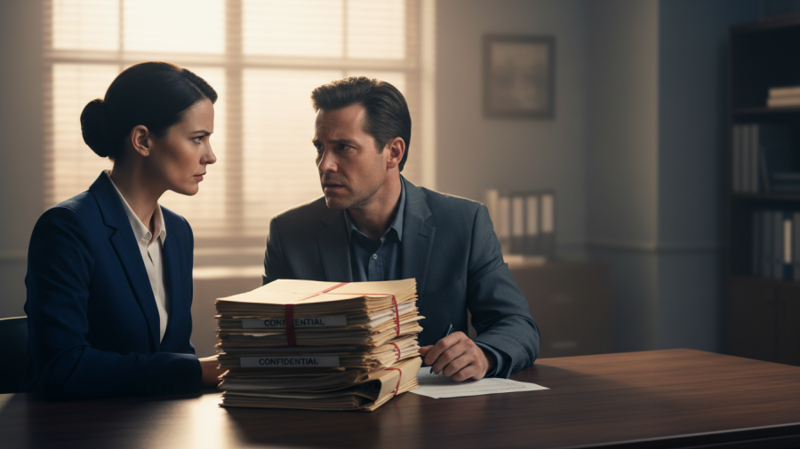 Two anxious federal agents exchanging tense glances about federal immigration misconduct.