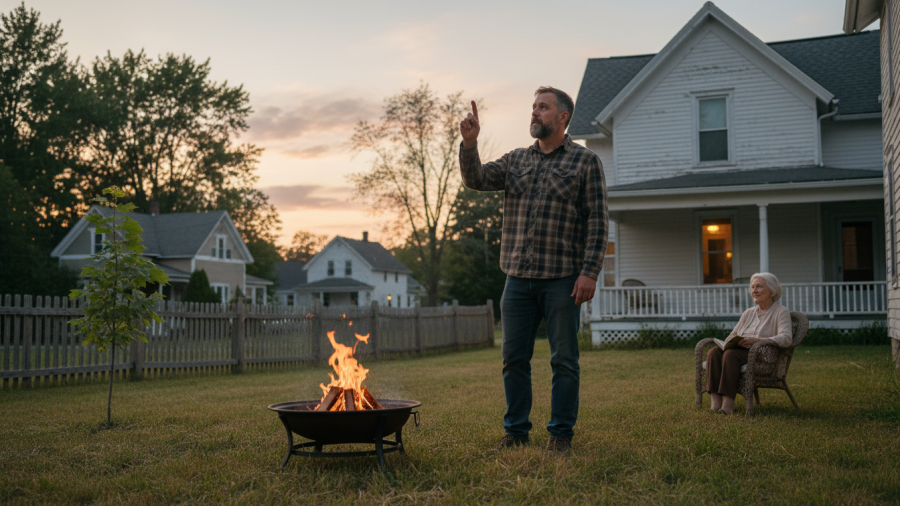 Realistic backyard in upstate NY, homeowner near fire pit, calm evening scene.