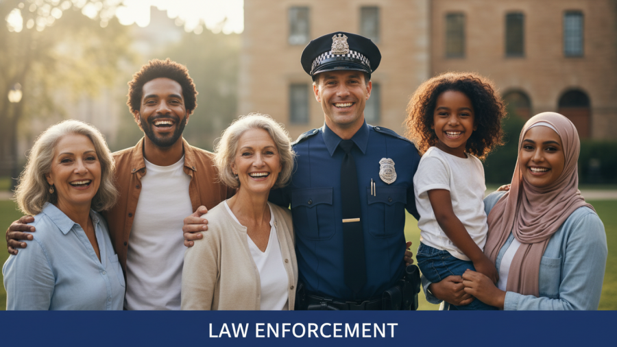 Diverse citizens and a friendly officer promote community policing and public trust.