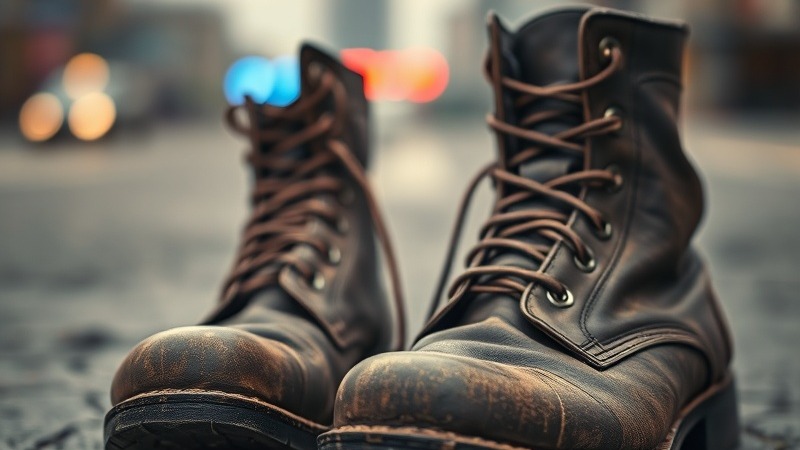 A close-up of a pair of worn police boots, the leather scuffed and creased, resting on a cracked pavement. 