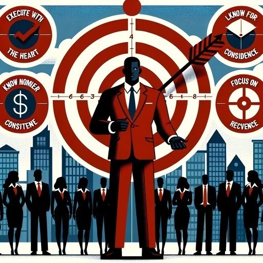 An illustration of a businessman in a red suit, holding a red arrow and aiming at a target with various business-related phrases. The target is set against a city skyline, with blurred figures in the background.