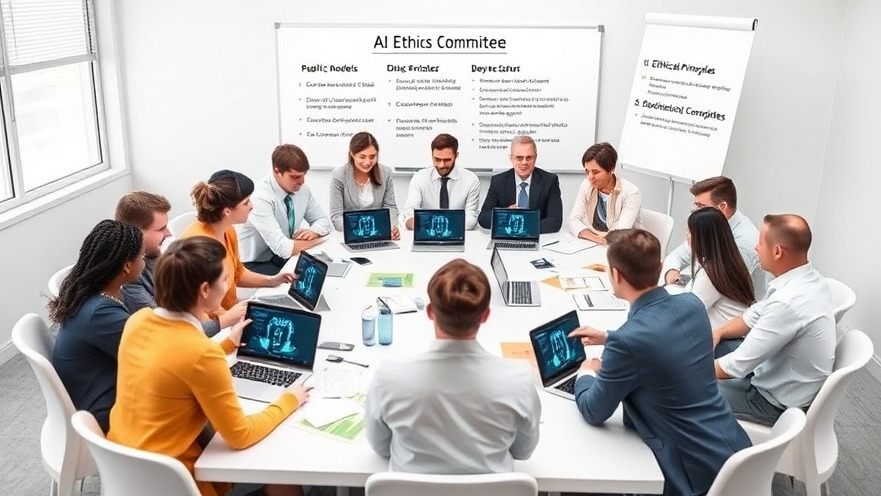 A diverse group of professionals gathered around a conference table, representing an AI ethics committee. The table is covered with documents, laptops displaying AI models, and ethical guidelines. A whiteboard in the background lists key ethical principles.