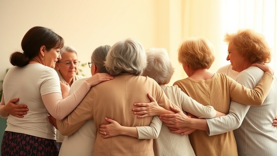 Support for police officer families: Widows embracing in warm, hopeful lighting.