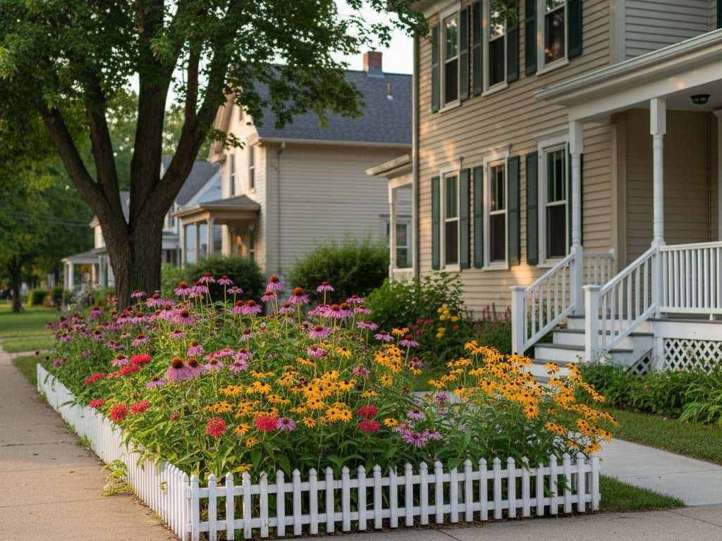 Charming front-yard garden in historic upstate New York village with native flowers.