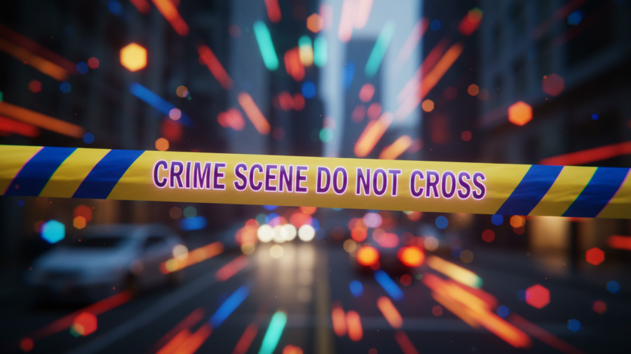 Abstract blurred image of a crime scene showcasing police tape, emphasizing officer wellness.