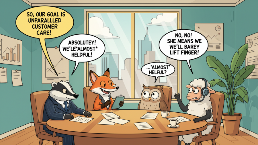 Humorous cartoon of an office meeting discussing customer expectations in MedSpas.