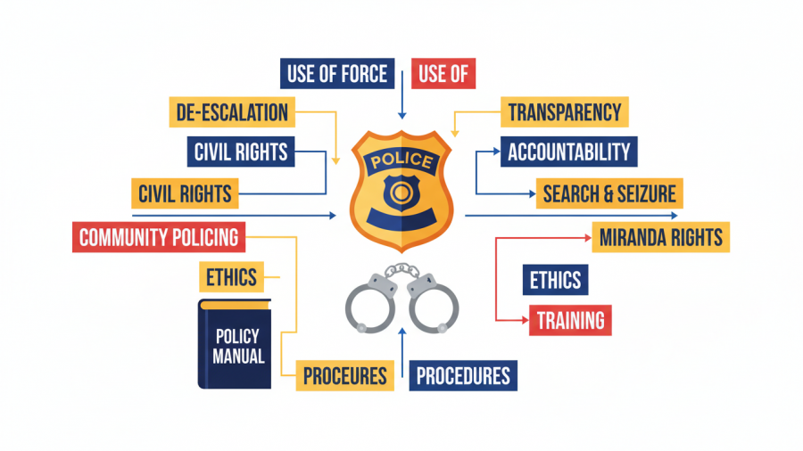 Digital illustration of police reform strategies with handcuffs and badge, highlighting community policing.