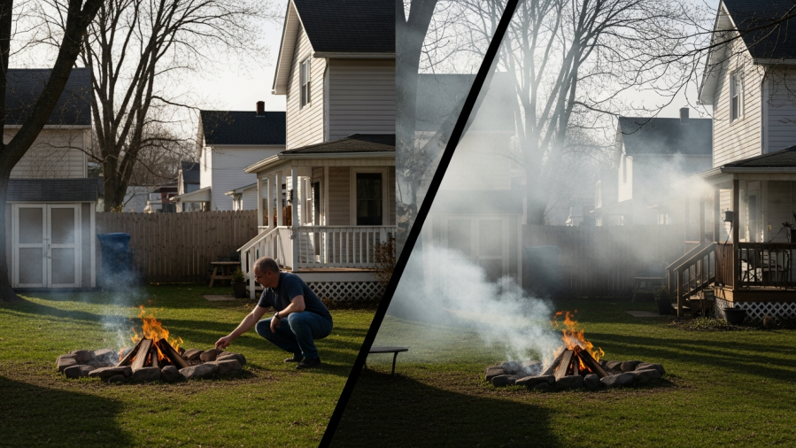Cinematic split-scene image showing a responsible outdoor fire and its subtle neighborly impact.