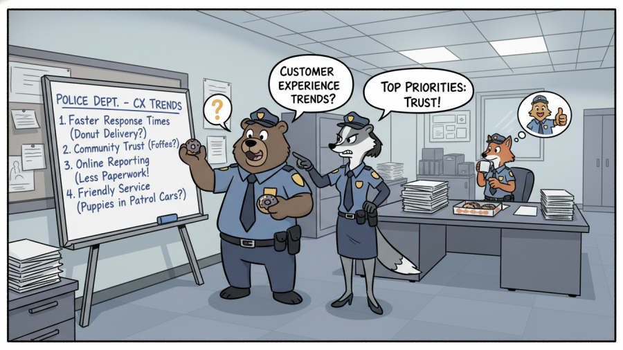Humorous cartoon of police officers discussing community policing trends and trust building.