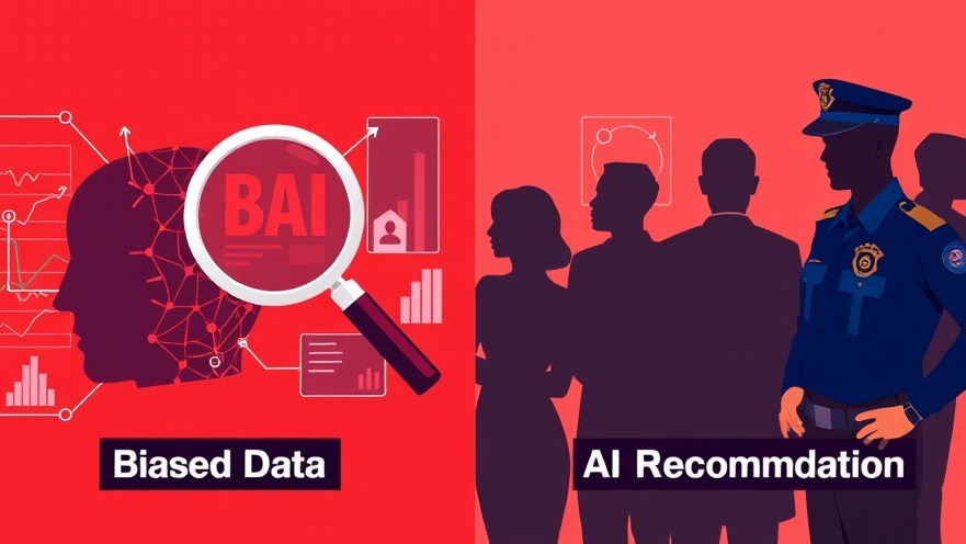 A split-screen illustration showing two scenarios. On the left, an AI algorithm processing data with a magnifying glass hovering over biased data points (e.g., demographic statistics). On the right, a police officer making a decision based on AI recommendations, with shadowy figures representing affected individuals.