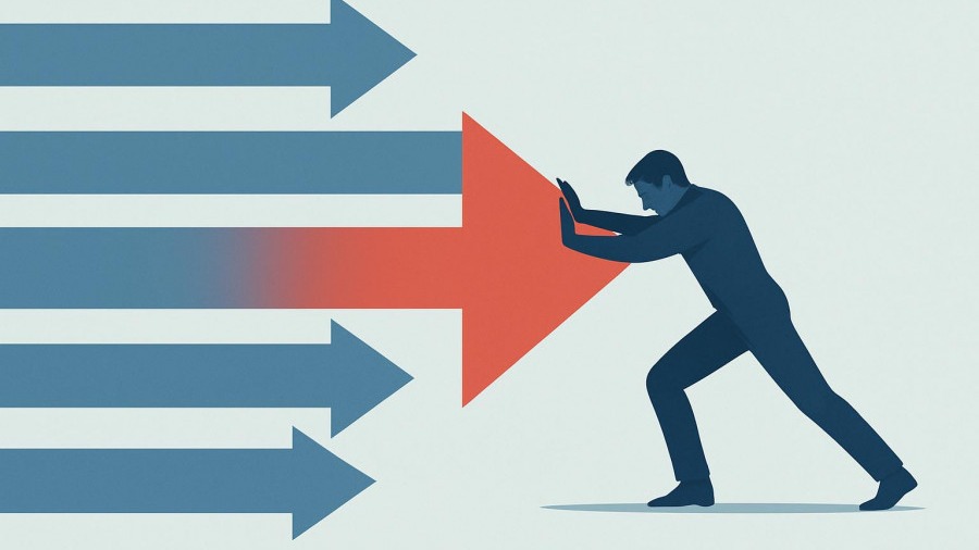 Abstract illustration of perseverance in policing strategies with blue and red arrows.