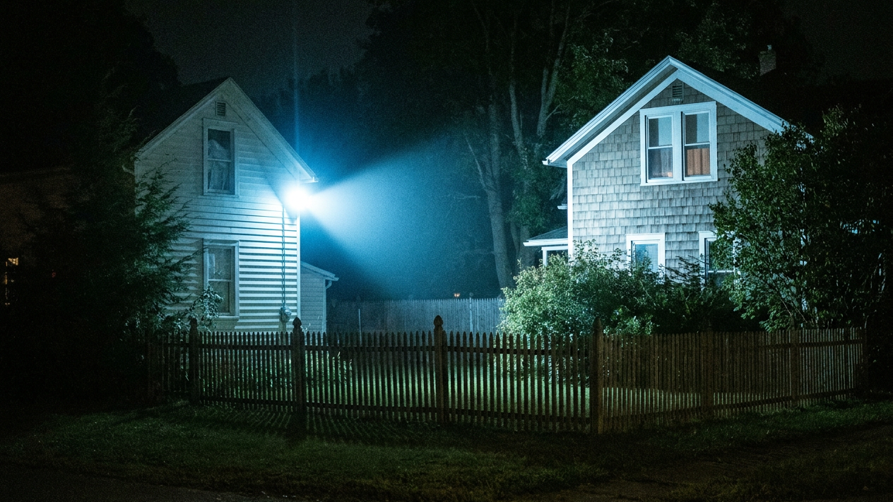 Illustration of a bright blue-white exterior floodlight shining across a fence toward a neighboring home.
