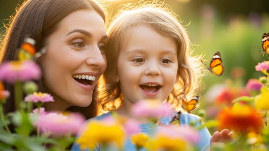 Happy woman and child mesmerized by butterflies in a vibrant garden at golden hour.