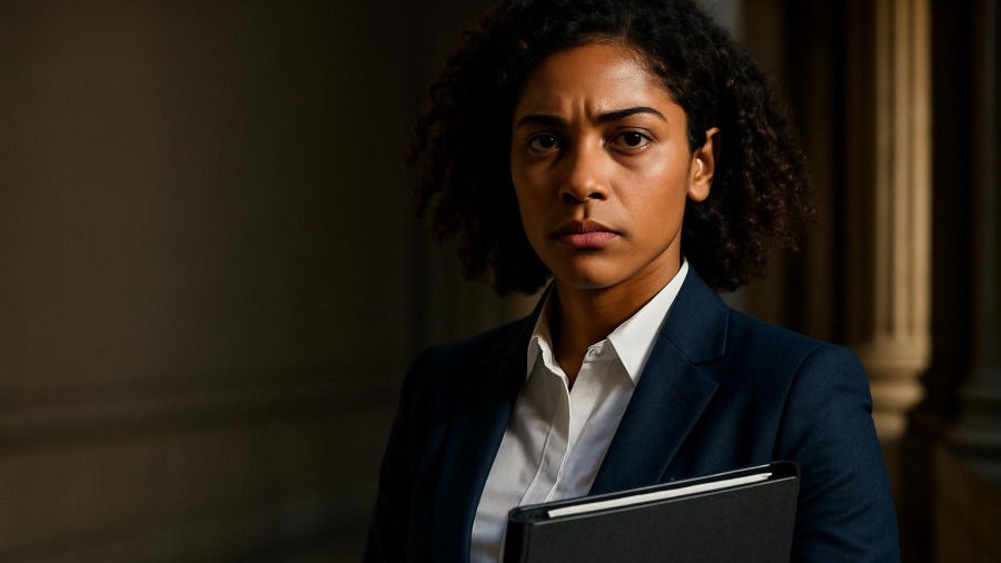 Determined young attorney in courthouse, highlighting New York City prosecution disparities.