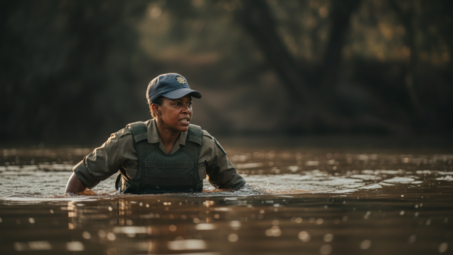 Determined South African police captain navigating a murky river, highlighting officer safety.