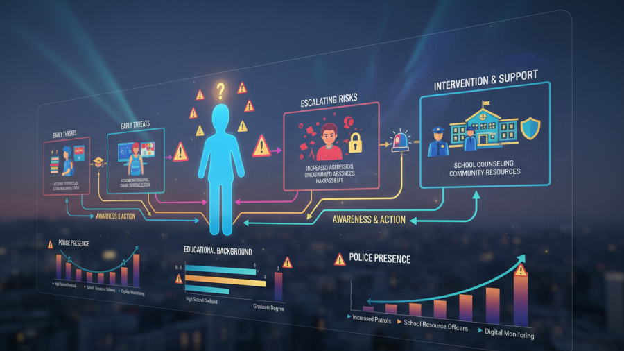 Proactive policing infographic showing warning signs and community trust through data-driven insights.