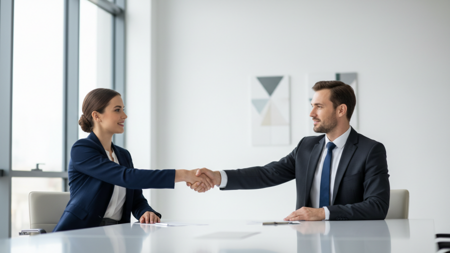 Two professionals shaking hands, symbolizing collaboration on civil rights in education.