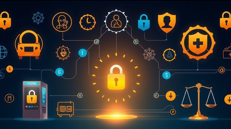 AI technologies like smart kiosks, automated public transport, and digital healthcare assistants, all surrounded by symbols representing ethical safeguards such as locks, shields, and scales of justice.