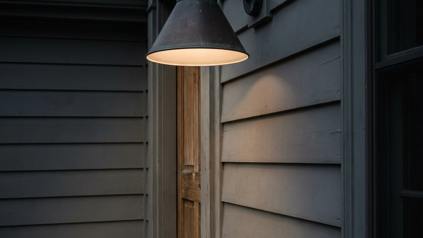 Close view of a shielded outdoor wall fixture directing warm light downward beside a doorway.