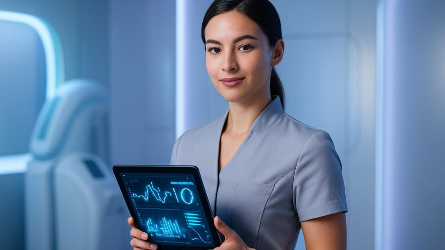 Confident medspa professional showcasing AI in marketing with glowing tablet charts.