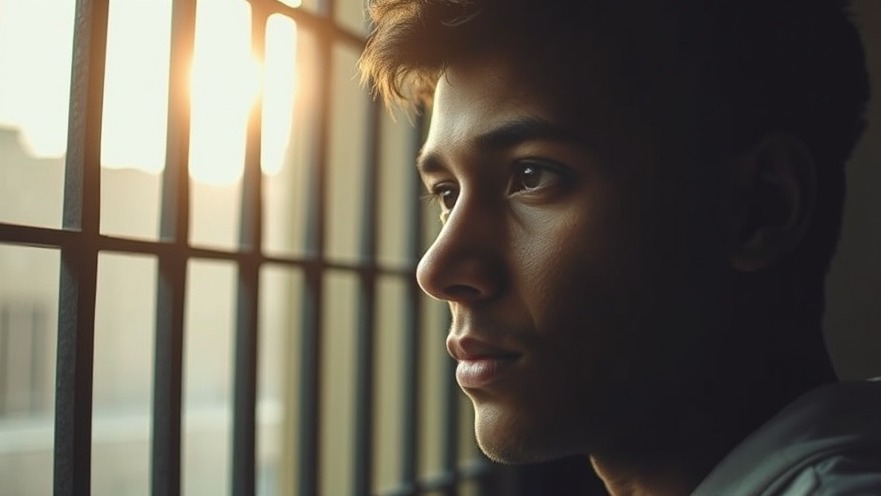 close-up of a thoughtful individual gazing out of a prison window