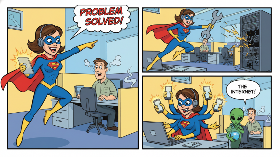 Humorous cartoon of a superhero-themed representative enhancing public safety and community engagement.