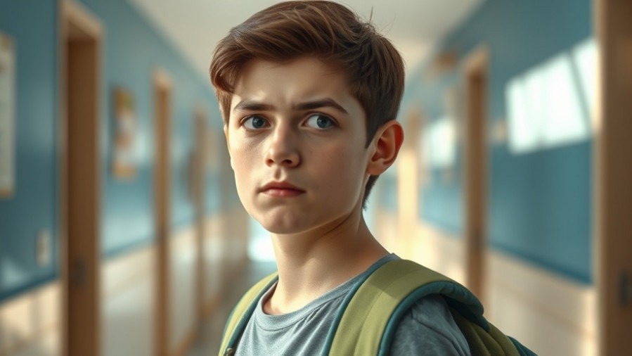 Thoughtful teenage student representing student safety in a sunlit school hallway.