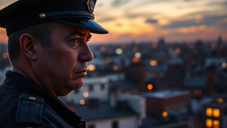 Concerned police officer reflects on Public Safety Data Analysis at dusk.