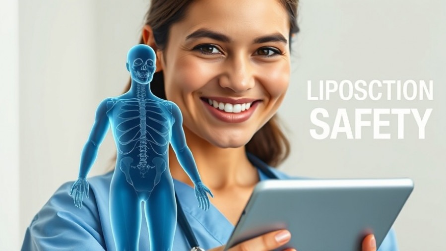 Confident surgeon using blood loss prediction AI on tablet for liposuction safety.