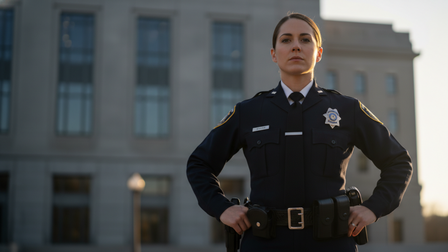 Confident law enforcement officer during a police recruitment event, focused on public safety.