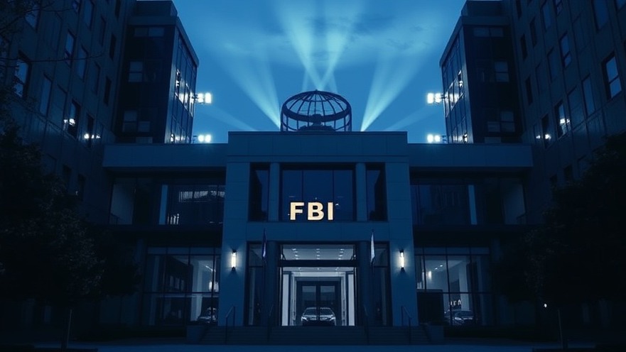 Modern FBI building with dynamic lighting, symbolizing law enforcement leadership.