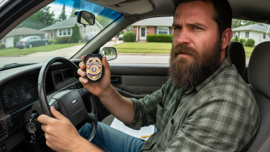 Skeptical man in car with badge discussing law enforcement accountability in tense atmosphere.