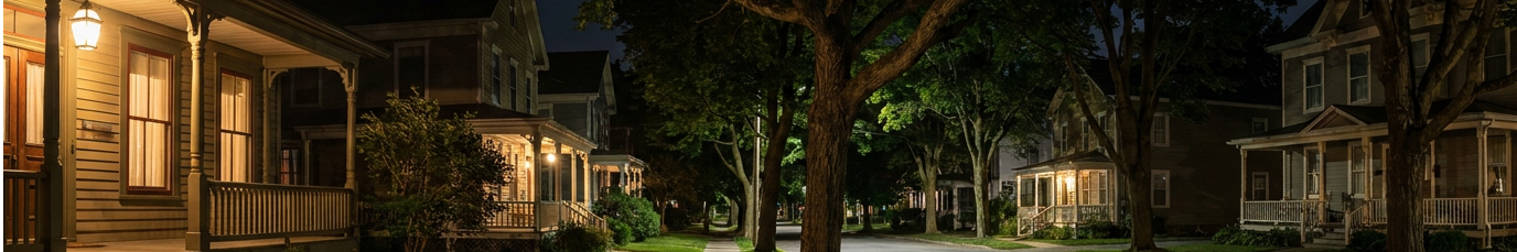 Illustration of a quiet village street at night with warm porch lighting and darker areas preserved between homes.