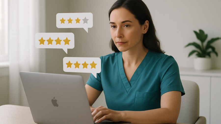 MedSpa owner leveraging negative reviews with calm determination at a sleek desk.